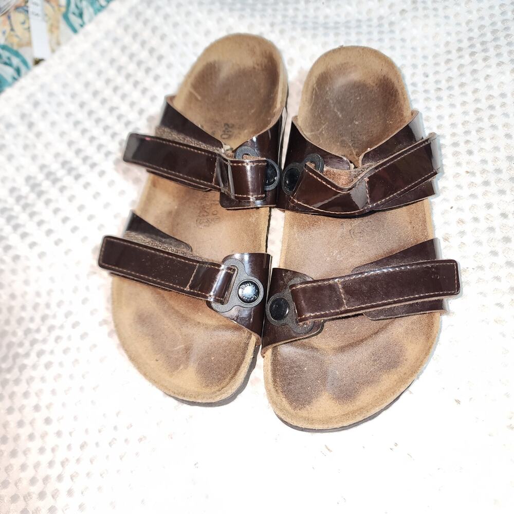BIRKENSTOCK BIRKIS MADURA BROWN PATENT LEATHER SANDALS SZ 9.5